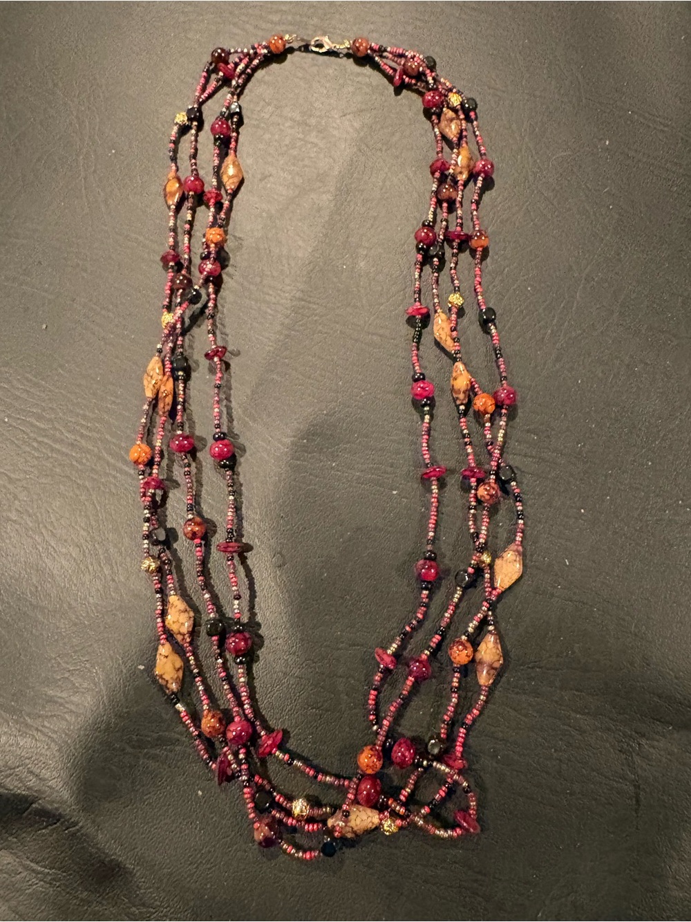 Multi-Strand Burgundy and Gold Beaded Necklace